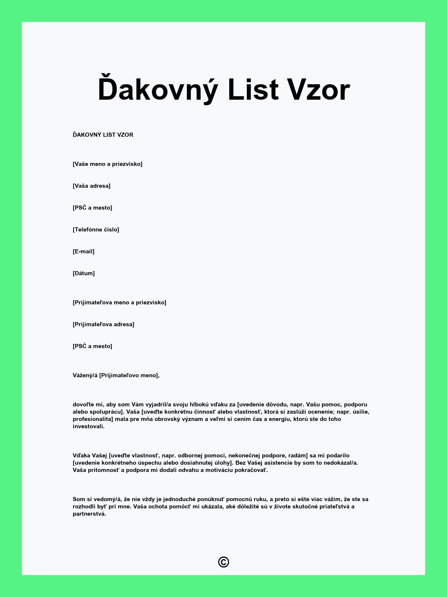 Ďakovný List Vzor