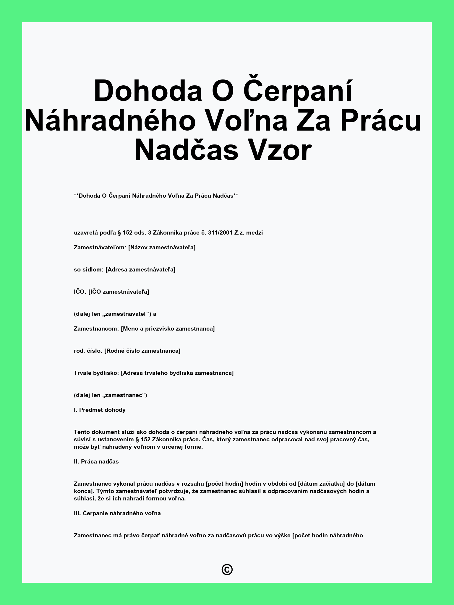 Dohoda O Čerpaní Náhradného Voľna Za Prácu Nadčas Vzor