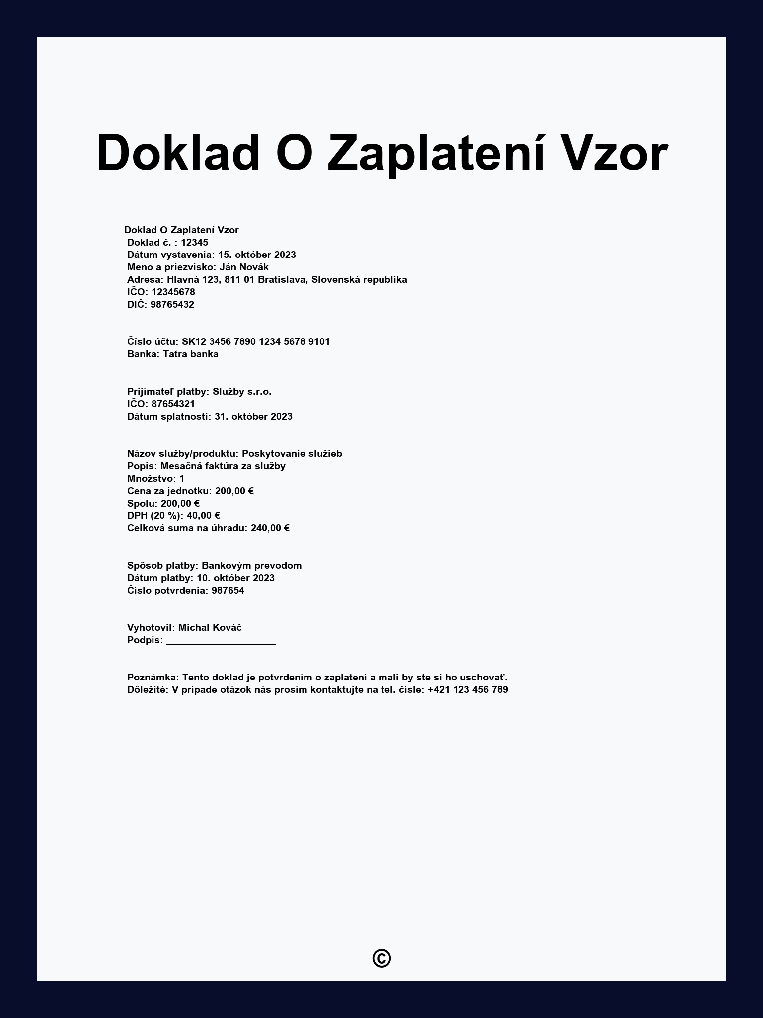 Doklad O Zaplatení Vzor