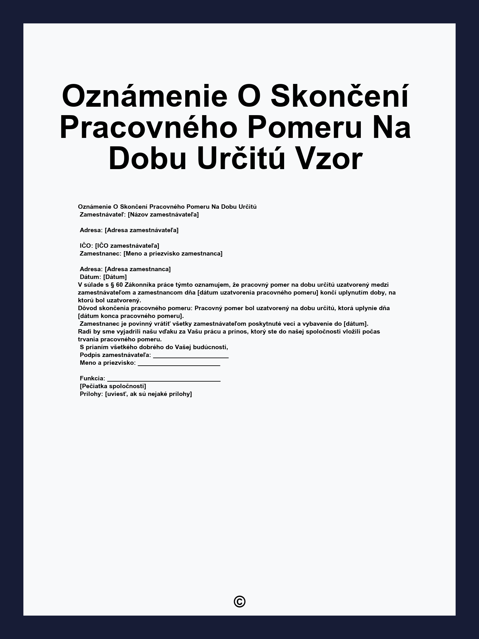 Oznámenie O Skončení Pracovného Pomeru Na Dobu Určitú Vzor