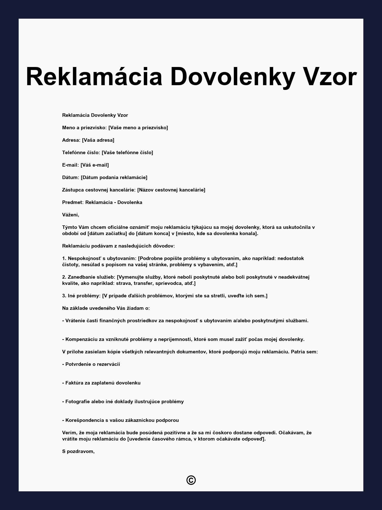 Reklamácia Dovolenky Vzor