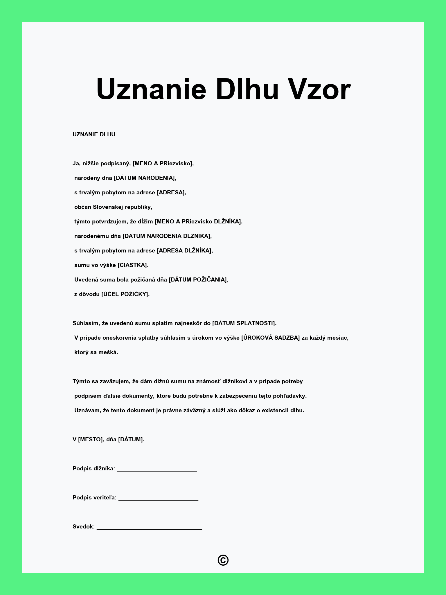 Uznanie Dlhu Vzor