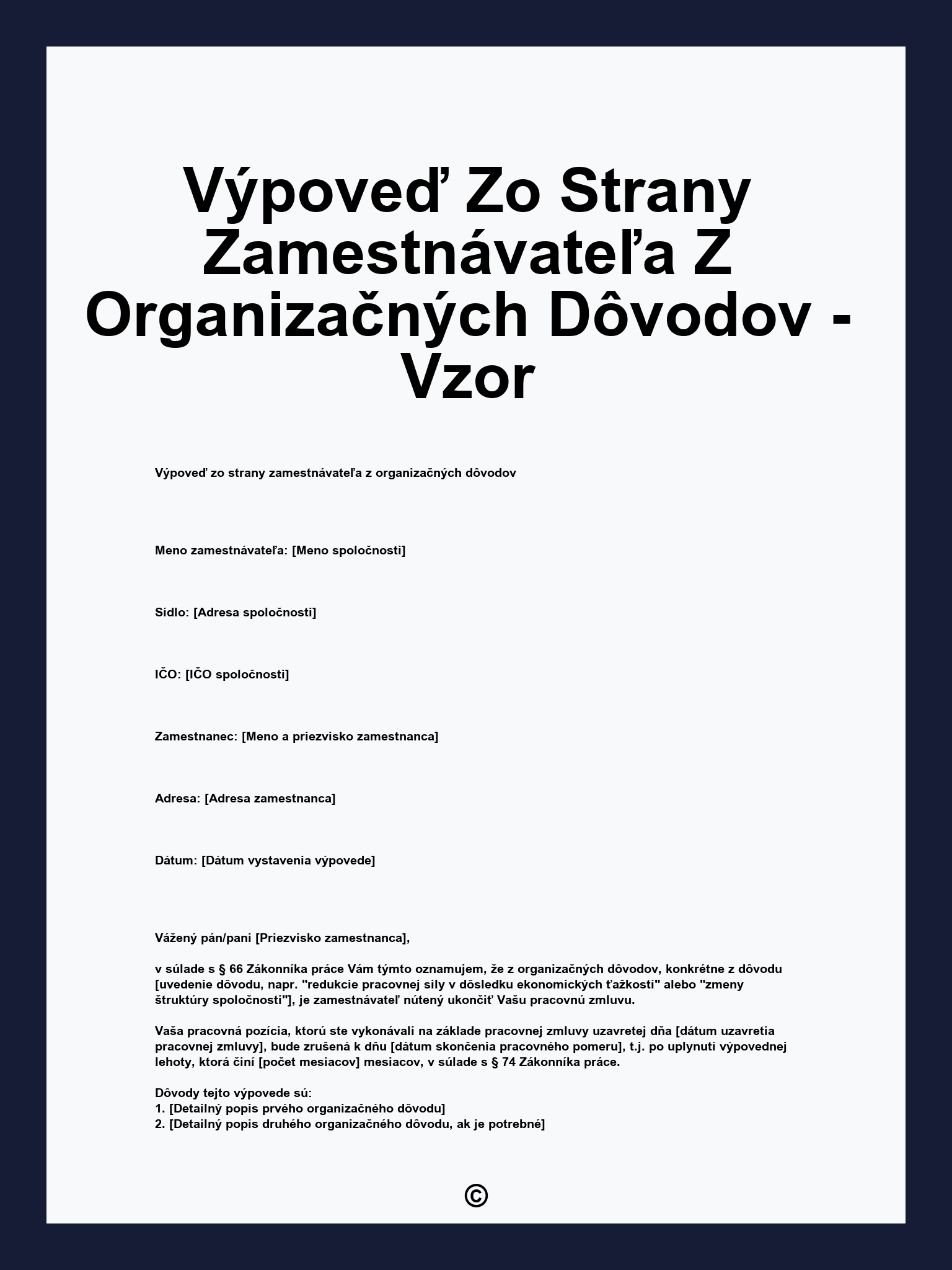 Výpoveď Zo Strany Zamestnávateľa Z Organizačných Dôvodov - Vzor