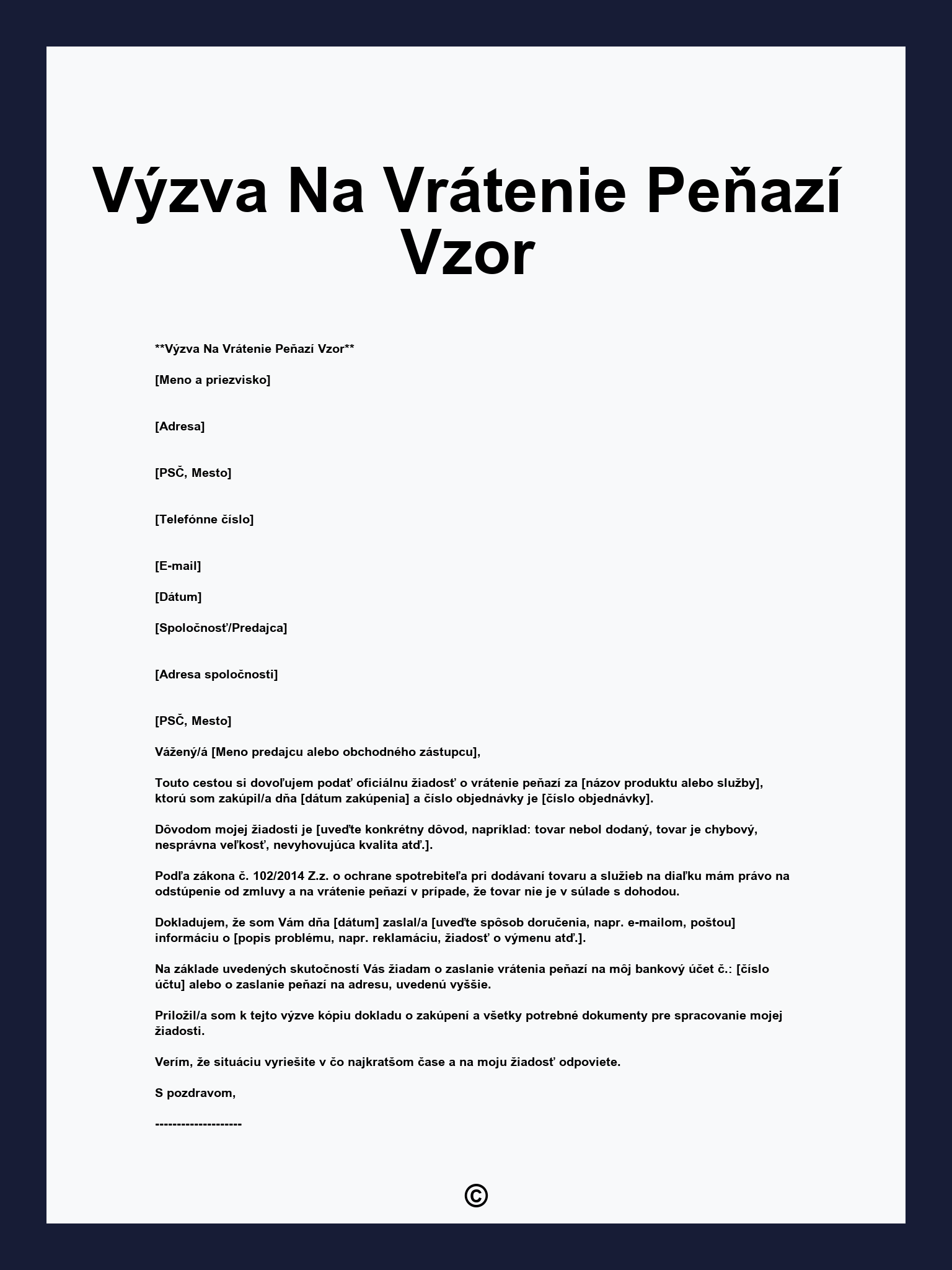 Výzva Na Vrátenie Peňazí Vzor
