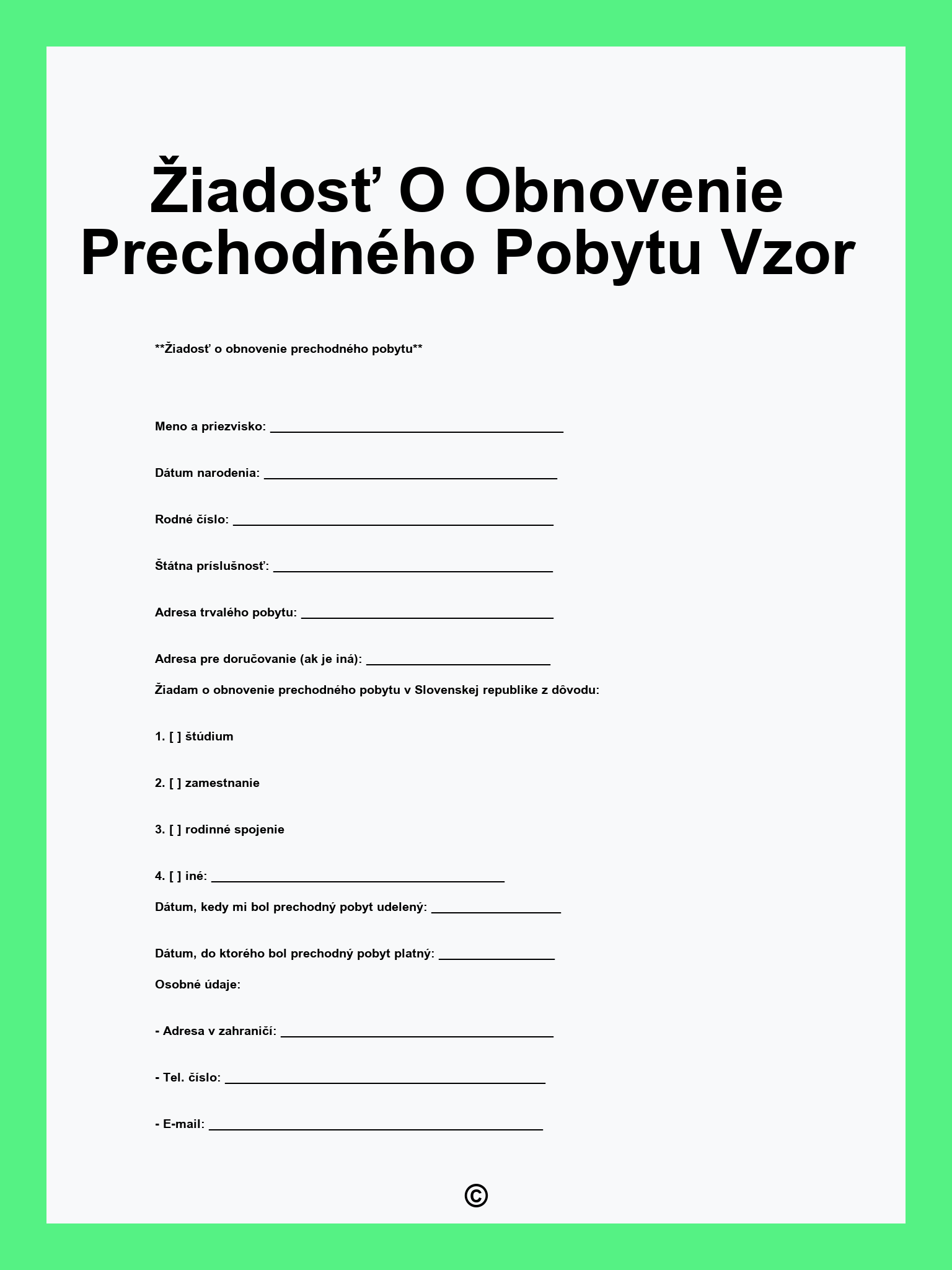 Žiadosť O Obnovenie Prechodného Pobytu Vzor
