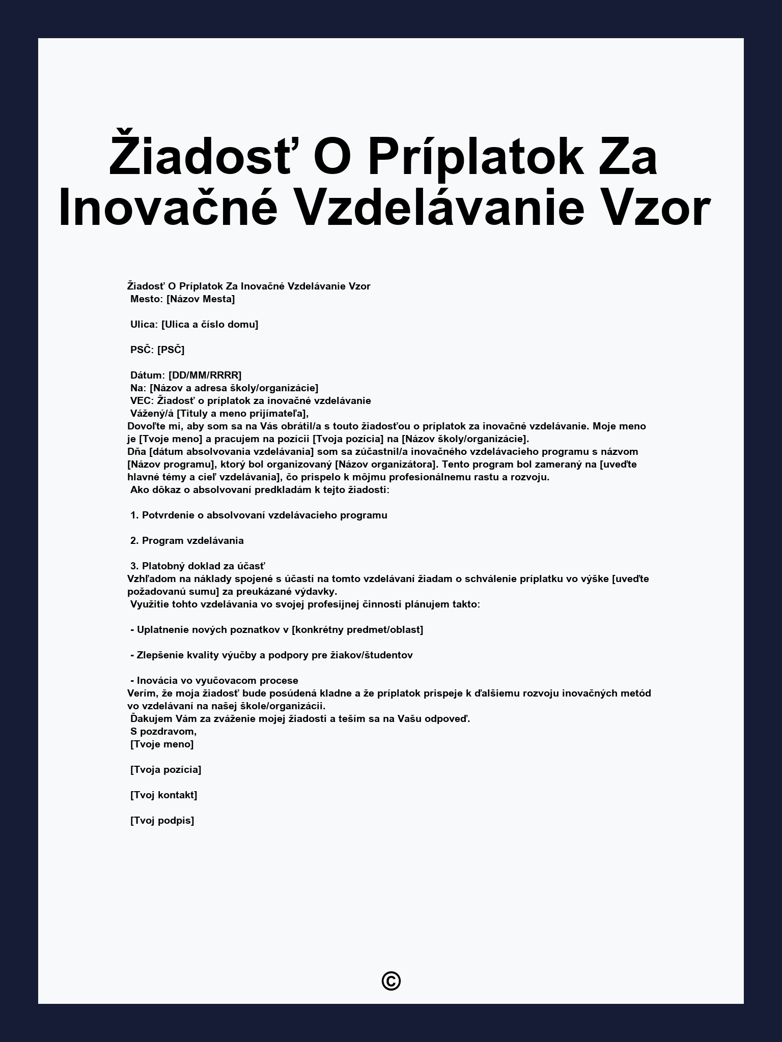 Žiadosť O Príplatok Za Inovačné Vzdelávanie Vzor
